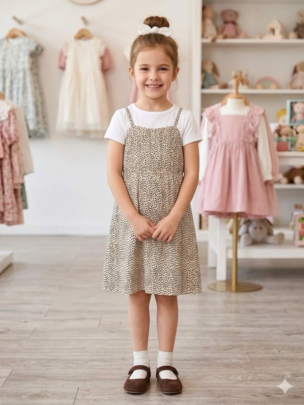 wonder nation Cream Dress with Black Dot Print and White Tee
